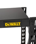 Level Up Your Storage Game With This Tough As Nails Three Shelf Industrial Storage Rack Featuring A Durable Laminate Top Deck And Fully Adjustable Black Steel Shelves close-up of black steel frame and laminate top