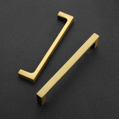 Solid Five Inch Square Cabinet Handles 10 Pack Brushed Brass Drawer Pulls for Kitchen Cabinets Hardware on black background.