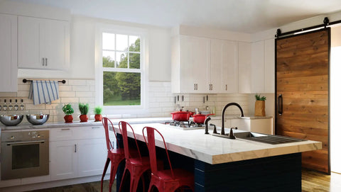 36 Inch White Corner Kitchen Cabinet With Dual Lazy Susan Spin Shelves And Smooth Operator Soft Close Doors Big Time Storage Solutions No Nonsense Daily Setup in modern kitchen setting with red chairs.