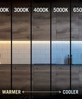 LED strip light displays warm to cool color temperatures from 2700K to 6500K in a kitchen setting.