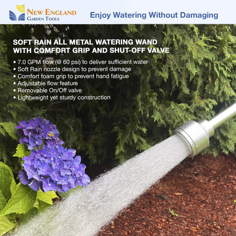 30 Inch Soft Rain Watering Wand With Gentle Shower Spray watering hydrangea with flow control valve visible