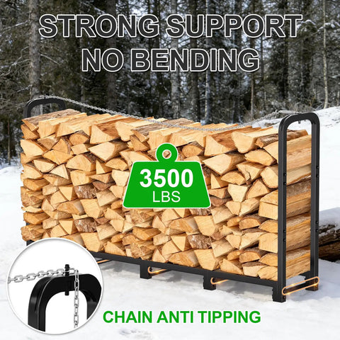 8Ft Heavy Duty Firewood Rack With Cover For Indoor And Outdoor Use holding 3500 lbs of wood, chain anti-tipping feature