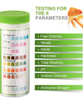 Solid 8 In 1 Aquarium Test Kit For Freshwater And Saltwater Features 150 Fast Snap Checks For PH Ammonia Nitrogen Free Chlorine And Hardness To Keep Your Fish Tank Running Smoothly with testing parameters on container.