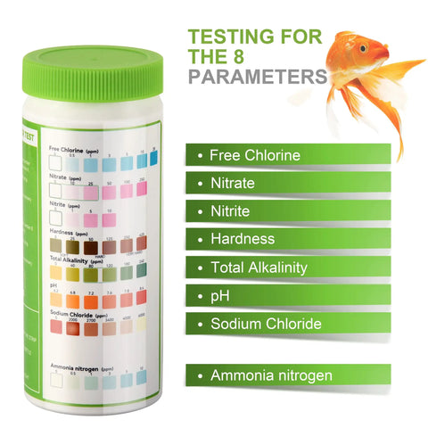 Solid 8 In 1 Aquarium Test Kit For Freshwater And Saltwater Features 150 Fast Snap Checks For PH Ammonia Nitrogen Free Chlorine And Hardness To Keep Your Fish Tank Running Smoothly with testing parameters on container.