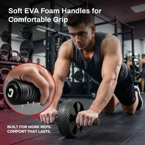 Ab Roller Wheel For Core Strengthening And Six Pack Training Built Different Home Gym Essential For Men And Women Precision Grip Design showing soft EVA foam handles.