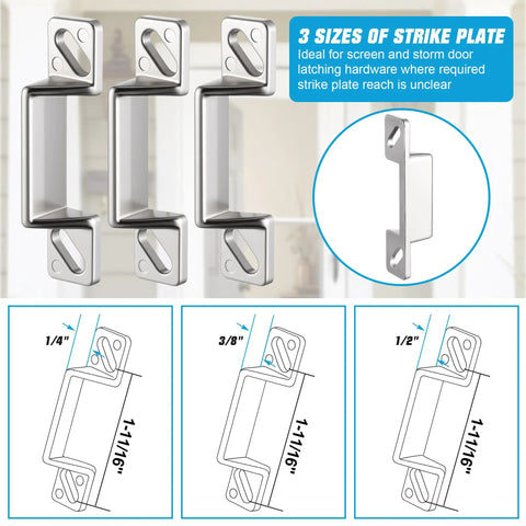 Durable Screen Door Latch Replacement Kit Compatible With Prime-Line K5148 showcasing three sizes of zinc die-cast strike plates