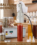 Handheld Induction Sealer For Flat And Spout Caps 10 To 50 mm in action sealing a bottle in a kitchen with various containers.