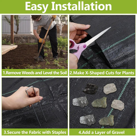 Heavy Duty Weed Barrier Landscape Fabric Pro Grade 4 Ft By 100 Ft Ground Cover For Gardening And Farming 2 Pack With 30 U Shaped Pegs and easy installation steps
