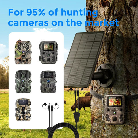 Top Shelf Solar Panel For Trail Cameras With 5000Mah Built In Battery And Dual Power Outputs, mounted on tree with cameras.