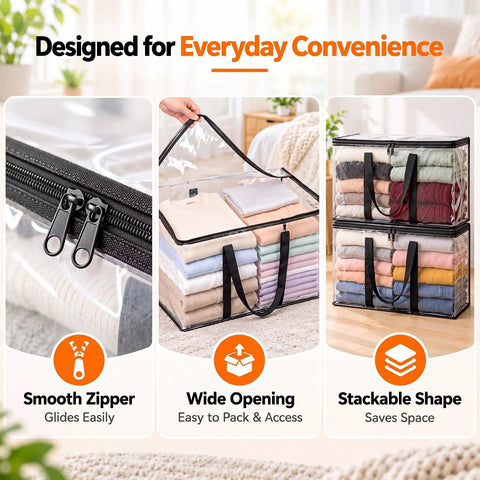 Heavy Duty Clear Storage Bins 2 Pack Extra Large Clothes Organizers With Lids, showing smooth zippers and wide openings for easy access.