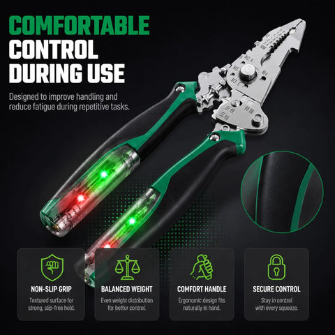 Heavy Duty 16 In 1 Foldable Wire Stripper With Integrated Voltage Tester Crimping Pliers And Screw Cutter with ergonomic design and non-slip grip.