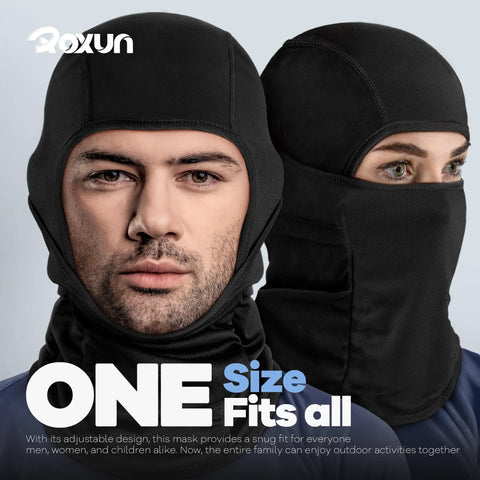 Two people wearing black All Season Ski Mask Balaclava With Windproof Warmth And Cooling Breathable UV Protection For Outdoor Adventures