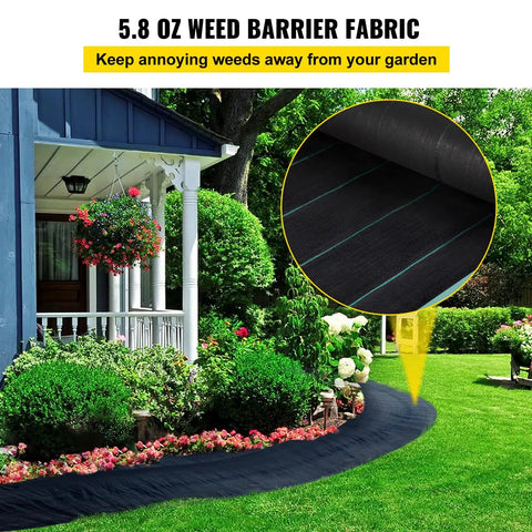 Heavy Duty Weed Barrier Fabric 4 By 300 Feet Woven Landscape Ground Cover for gardens and lawns installed in a yard.