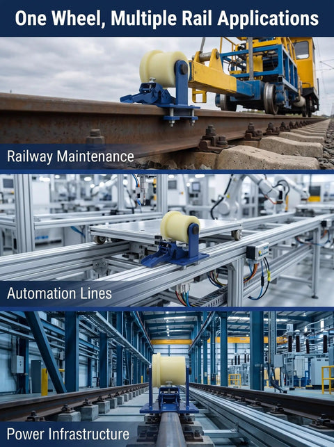 Heavy Duty Nylon Track Wheel With Trapezoidal Caster Pulley For Mining Railway And Subway Train Cart Featuring Twenty Millimeter Belt Groove And Built Tough Takes A Beating Smooth Rolling Design Measuring Five Point Nine Inches Wide on railway tracks and automation lines.