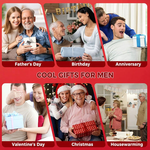 Collage of men receiving gifts on Father's Day, Birthday, Anniversary, Valentine's Day, Christmas, Housewarming.