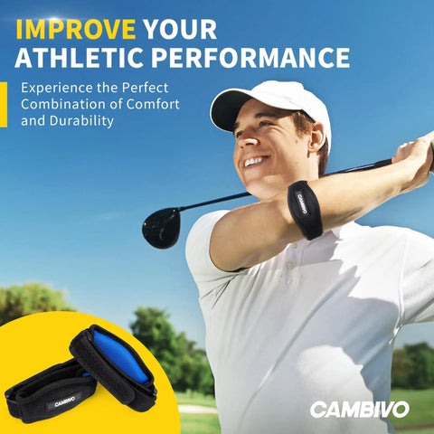Golfer wearing 2 Pack Tennis Elbow Brace Strap For Tendonitis Pain Relief With Contoured EVA Pad, blue and black against sky background.