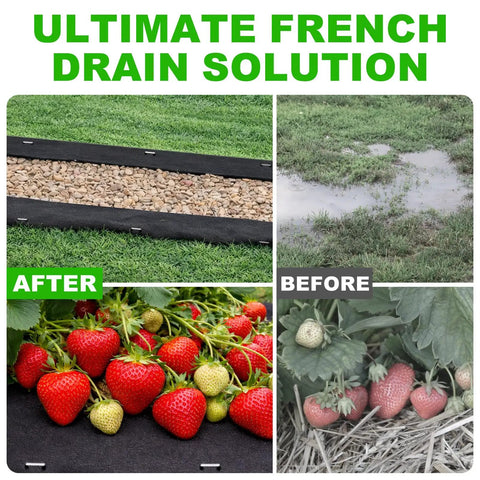 7oz Non Woven Geotextile Fabric With Stakes For French Drains 3x60ft High Permeability Drainage Fabric displayed with strawberries.