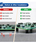 Before and after installation comparing PCB board with no spacers to one using Three Hundred Piece Abs Round Spacers Kit For PCB Boards Electronics Standoff Hardware Various Sized Hella Durable Plastic Mounting Accessories Pro Level Setup For Smooth Circuit Board Assembly And Rigged Up Custom Builds.