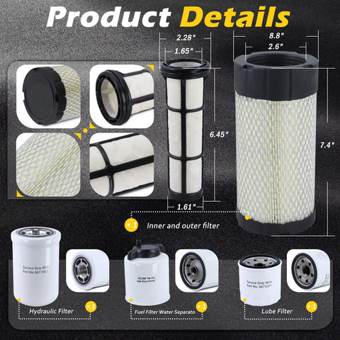 Maintenance Filter Kit For MT52 MT55 MT85 MT100 Mini Track Loader with air, hydraulic, lube filters, sizes displayed in image.