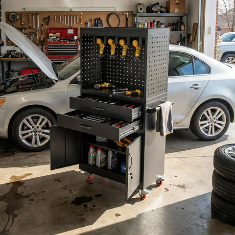 Mobile Tool Cart With Locking Wheels, Large Storage, Built In Outlet, Heavy Duty Rolling Workbench For Garage Or Workshop