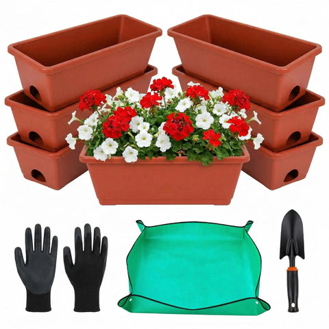 Red Window Box Planters 7 Pack Rectangular Plastic Flower Pots With Saucers For Indoor Outdoor Garden 17 Inch