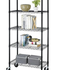 Heavy Lifting Five Tier Steel Wire Shelving Rack With Slick Rolling Wheels No Sweat Tool Free Assembly Thirty By Fourteen By Sixty Inches Garage Storage with books and decorative items.