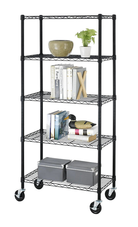 Heavy Lifting Five Tier Steel Wire Shelving Rack With Slick Rolling Wheels No Sweat Tool Free Assembly Thirty By Fourteen By Sixty Inches Garage Storage with books and decorative items.