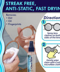 Clear View Lens Cleaner Kit: four spray bottles and four microfiber cloths; blue-capped bottle in front of packaging for eyeglasses and screens