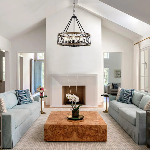 Modern Farmhouse 8 Light Black And Gold Chandelier With Adjustable Rod in elegant living room setting