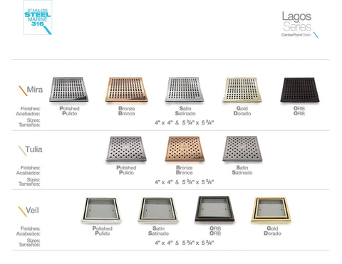 Square Shower Drain Kit In Satin Gold Finish With Marine 316 Stainless Steel Grate And ABS Base Lagos Series Mira Line 4 Inch Includes Hair Trap Strainer And Key Dope Durable Bathroom Fixture For Modern Showers displayed among various color options.