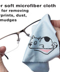 TreVee microfiber cleaning cloth for glasses; light-blue cloth with a cute dog design used to wipe lenses
