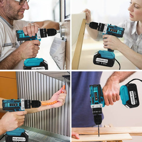 18V Cordless Electric Drill And Screwdriver Power Tool Set With Two 55 Ah Rechargeable Batteries in use for various DIY tasks