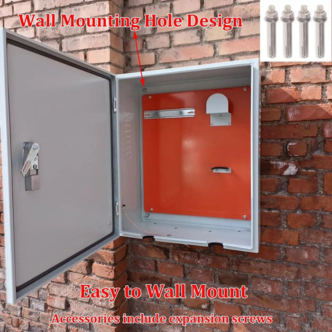 Heavy Duty Universal EV Charger Enclosure And Cover With Cable Holder, open box showing wall mounting holes and expansion screws.