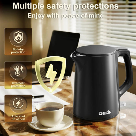 Compact 0.8L Travel Electric Kettle With Double Wall 304 Stainless Steel Auto Shut Off Portable Kettle displayed on table