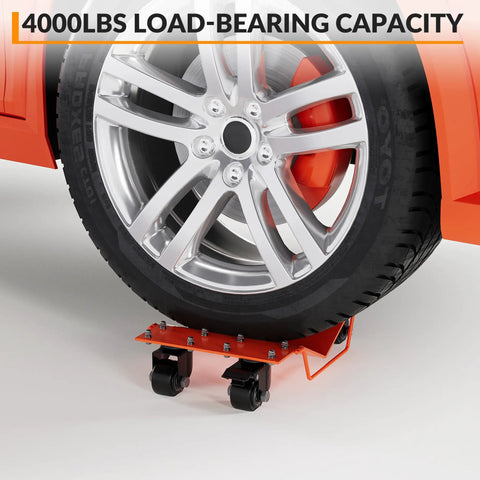 Heavy Duty 4 Piece Wheel Dollies Set 8000 Lb Capacity Move Any Rig Smoothly Reinforced Powder Coated Steel under a car tire.