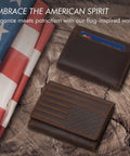 Trifold Leather Wallet For Men RFID Blocking With 12 Card Slots, American Flag Design, Dark Brown, shown with flag backdrop