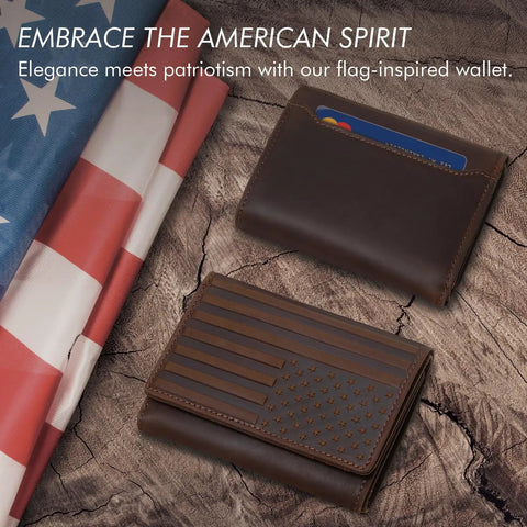 Trifold Leather Wallet For Men RFID Blocking With 12 Card Slots, American Flag Design, Dark Brown, shown with flag backdrop