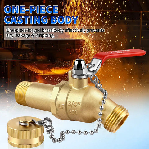 Lead-Free Brass Water Heater Drain Valve With 3/4 In NPT Inlet And 3/4 In GHT Outlet, full port valve showing long handle and anti-loss cap