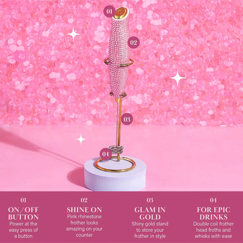 Electric Rhinestone Handheld Milk Frother With Double Coil Whisk And Gold Stand Pink Battery Powered Portable Frother