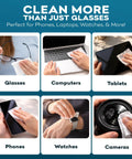 Grid showing use of Big Lens Wipes 50 Count For Glasses, Watches, Screens And More Clean Smudge Free with Quick Dry Isopropyl Alcohol.