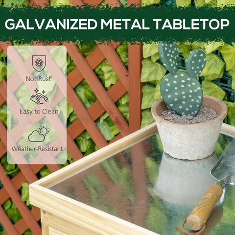 Top Shelf 32 Inch Galvanized Top Workshop Cabinet With Dual Shelves And Rust Resistant Farmhouse Doors on a garden table with succulent.