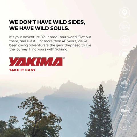 Image promoting adventure with scenic mountains and trees background, featuring Yakima logo and tagline.