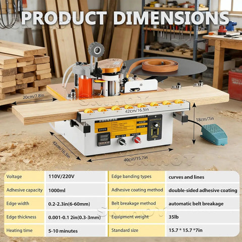 Edge Banding Pro Tool With Auto Cutting And Smart Temperature Control for precise panel work, showing dimensions and specifications