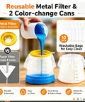 Reusable Metal Filter & 2 Color-change Cans, 10 washable bags, for use in efficient painting projects.