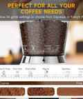 Next Level Electric Burr Coffee Grinder With 34 Dead Simple Settings And 40 Millimeter Stainless Steel Conical Burrs For Smooth Daily Brews In Clean White Setup showing coffee beans and grind settings.