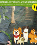 Heavy Duty 4 Ft By 300 Ft Weed Barrier Landscape Fabric Three Point Two Ounce Ground Cover Mat With High Permeability And Breathability Woven Garden Cloth showing high tensile strength and tear resistance under a plant with cartoon dogs