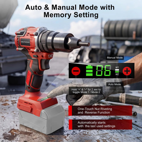 Heavy Duty Brushless Cordless Rivet Nut Gun And Tapping Wrench Set Featuring Six Swappable Imperial Metric Inserts For Grease Monkey Approved Auto Fabrication Projects Tool Only, showing auto and manual settings.
