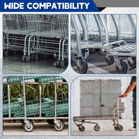 Wide compatibility of Heavy Duty Eight Pack Five Inch Polyurethane Shopping Cart Replacement Wheels on various carts.