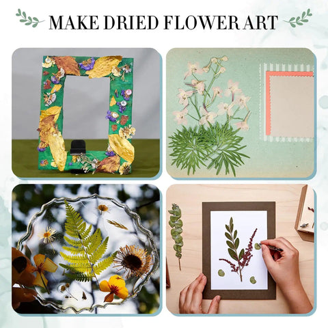 4-piece collage of crafts made with 6 Layer Flower Press Kit For Adults With About 12 By 7 Inch Plates To Press Flowers Leaves