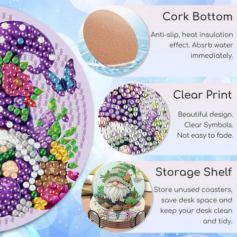 Awesome Gnome Diamond Art Coaster Kit With Holder And Cork Bases For Adults And Beginners DIY Craft Set description featuring cork bottom, clear print, and storage shelf with diamond art close-up.